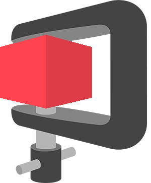A red cube held in a vice grip. The vice has a gray, C-shaped frame, with a turning knob at the bottom to adjust the grip